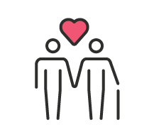 Stick figures holding hands, one with a cane, and a pink heart between them.