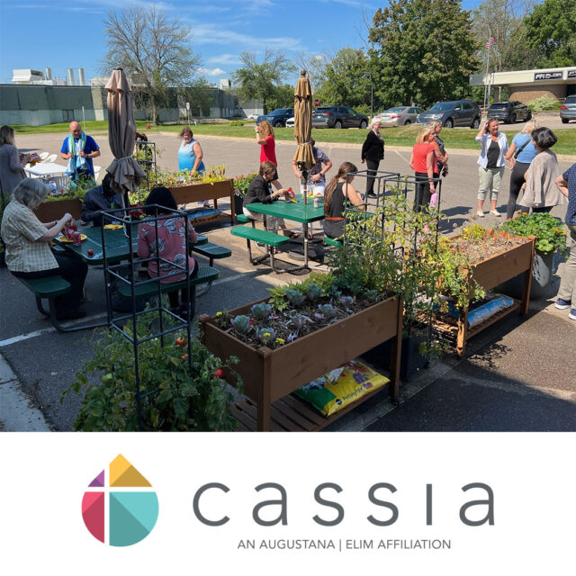 Cassia employees enjoy a sunny day outdoors, mingling and eating at picnic tables surrounded by garden planters during a State Fair-inspired picnic event