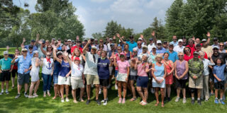 Group photo of golfers, staff, and community members at the 2025 Milaca Elim Meadows Golf Classic, celebrating Cassia CEO Bob Dahl’s final tournament and raising funds to support resident room updates.