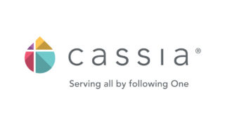 Cassia logo featuring a colorful abstract emblem in pink, gold, teal, and blue to the left of the gray word "cassia," with the tagline "Serving all by following One" displayed below.