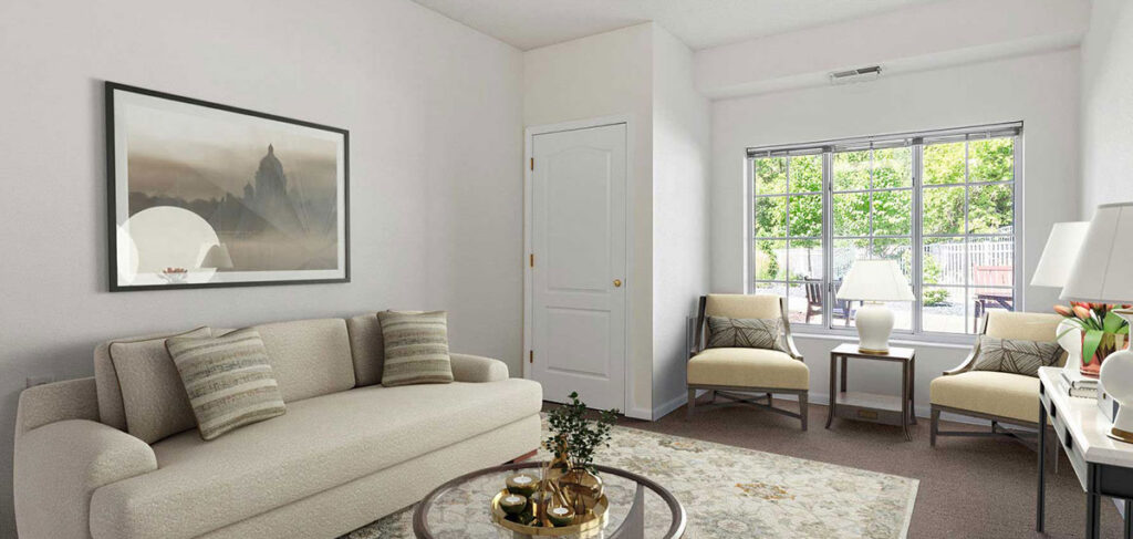 Regent at Burnsville Care Suites, apartment home, comforting interior decor and view beyond window.