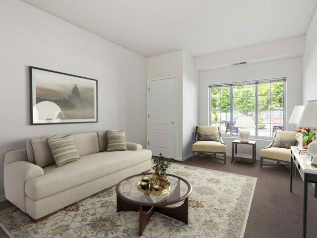 Regent at Burnsville Care Suites, apartment home, comforting interior decor and view beyond window.