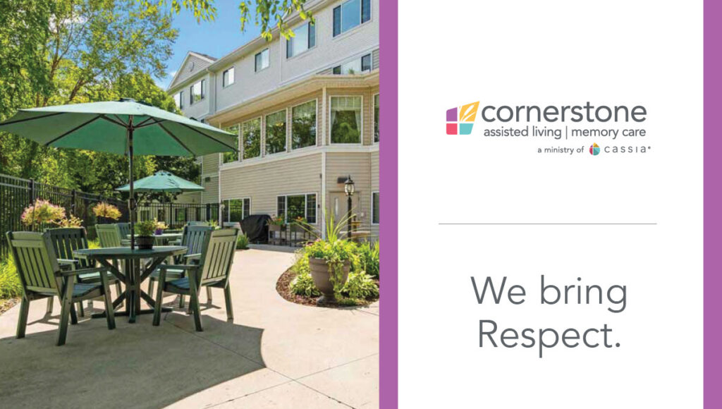 Patio view of Cornerstone Assisted Living with their logo