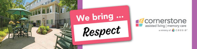 Patio view of Cornerstone Assisted Living with their logo