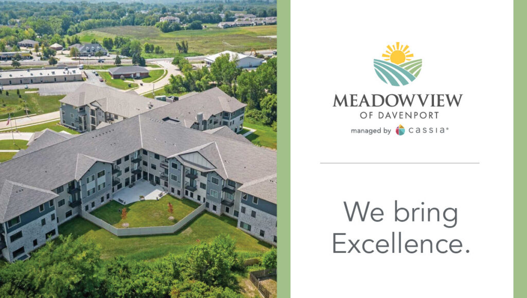 aerial view of building with meadowview of davenport logo