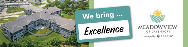 aerial view of building with meadowview of davenport logo