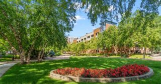 Exterior view of The Pines of Richfield senior living community with landscaped grounds in Richfield, Minnesota