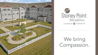 The building and logo of Stoney Point Meadows. With "We bring Compassion." written next to it
