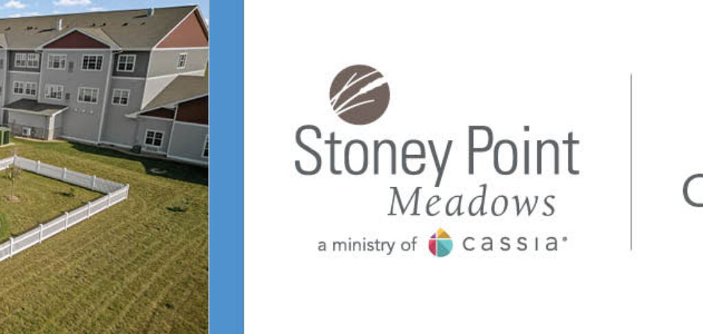 The building and logo of Stoney Point Meadows. With "We bring Compassion." written next to it
