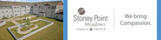 The building and logo of Stoney Point Meadows. With "We bring Compassion." written next to it