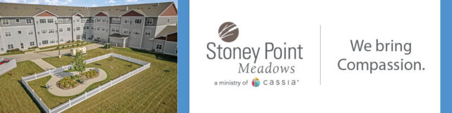 The building and logo of Stoney Point Meadows. With "We bring Compassion." written next to it
