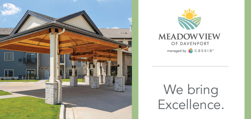 Exterior entrance of Meadowview of Davenport senior living community with a covered drop-off area and brick pillars, alongside branding text reading “Meadowview of Davenport” and “We bring Excellence.”