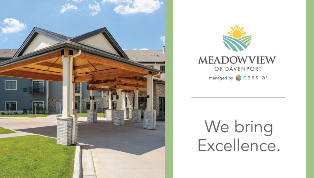 Exterior entrance of Meadowview of Davenport senior living community with a covered drop-off area and brick pillars, alongside branding text reading “Meadowview of Davenport” and “We bring Excellence.”