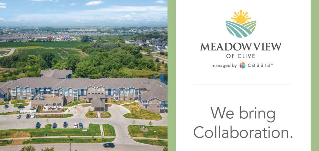 Aerial view of Meadowview of Clive assisted living community with surrounding neighborhood, alongside branding text reading “We bring Collaboration.”
