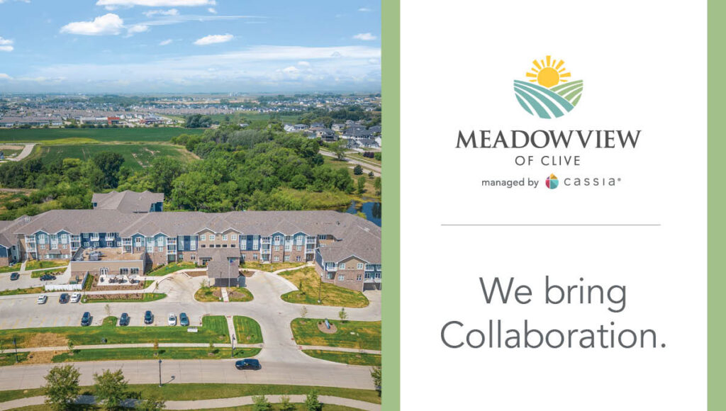Aerial view of Meadowview of Clive assisted living community with surrounding neighborhood, alongside branding text reading “We bring Collaboration.”