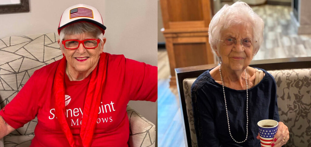 Resident photos from Stoney Point Meadows featuring two residents seated indoors, one in patriotic attire and one holding a patriotic cup.