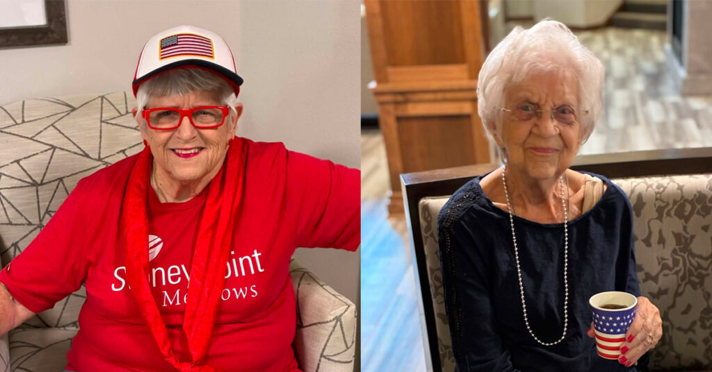 Resident photos from Stoney Point Meadows featuring two residents seated indoors, one in patriotic attire and one holding a patriotic cup.