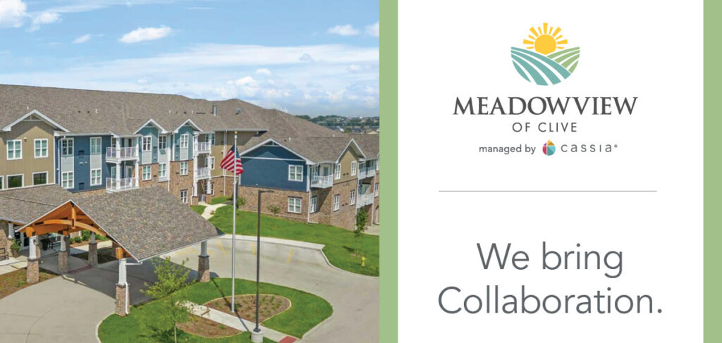 Meadowview of Clive senior living community exterior with logo and the tagline, “We bring Collaboration.”