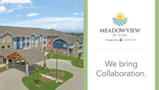 Meadowview of Clive senior living community exterior with logo and the tagline, “We bring Collaboration.”