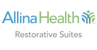 Allina Health Restorative Suites logo with blue and green “Allina Health” text, gray “Restorative Suites” text, and the Allina Health emblem.